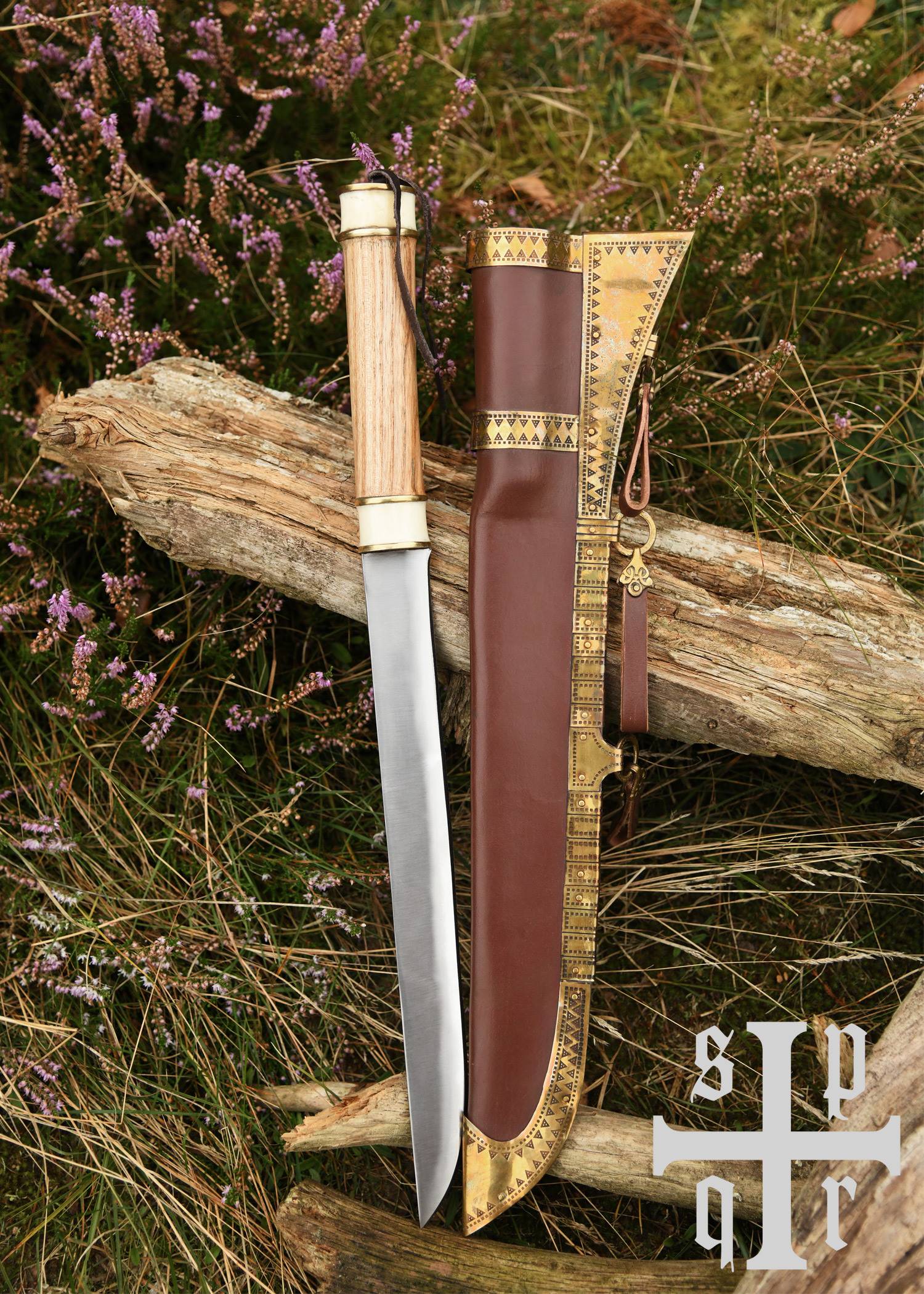 Viking sax met koolstofstalen lemmet en hout/been handvat