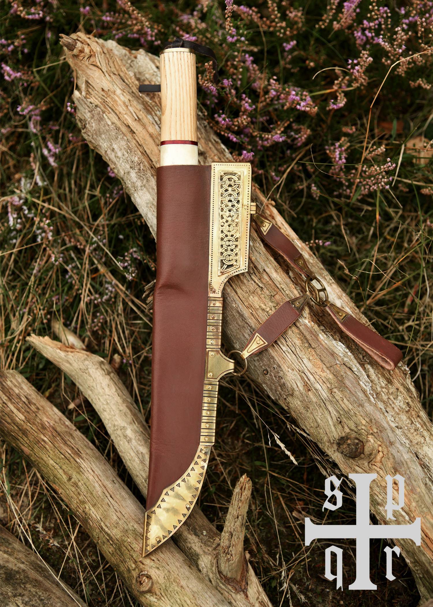 Viking Broken Back Sax-mes met Damascus lemmet en handvat van hout/been, gemaakt van 256-laags Damascus staal
