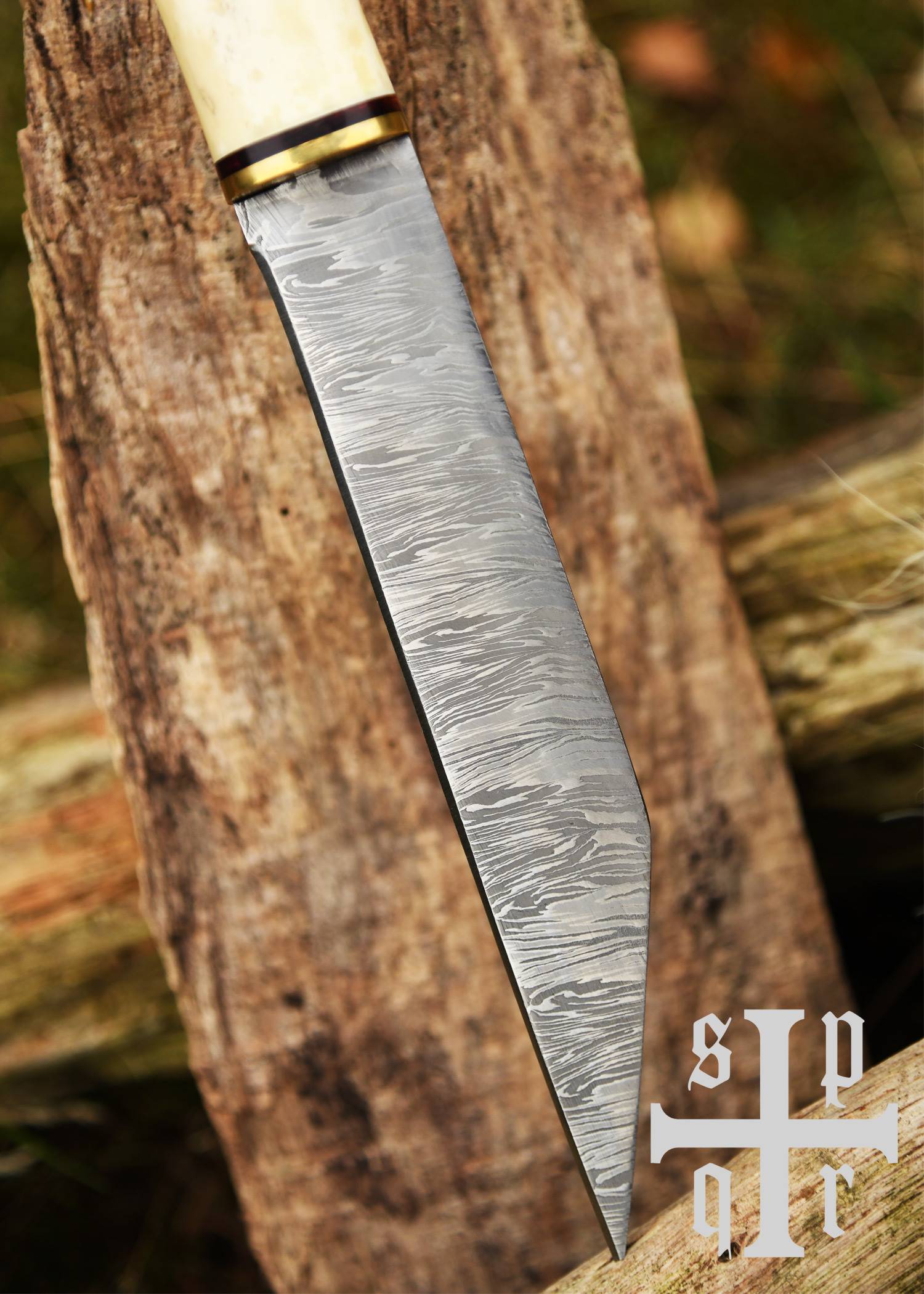 Viking Broken Back Sax-mes met Damascus lemmet en handvat van hout/been, gemaakt van 256-laags Damascus staal