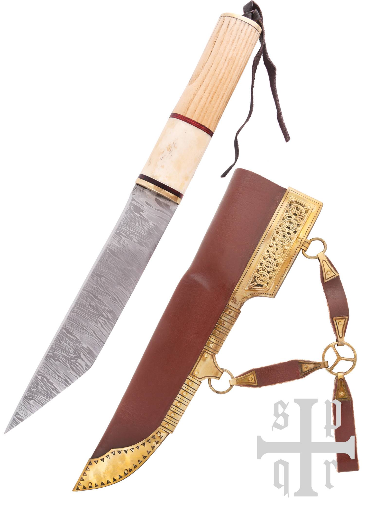 Viking Broken Back Sax-mes met Damascus lemmet en handvat van hout/been, gemaakt van 256-laags Damascus staal