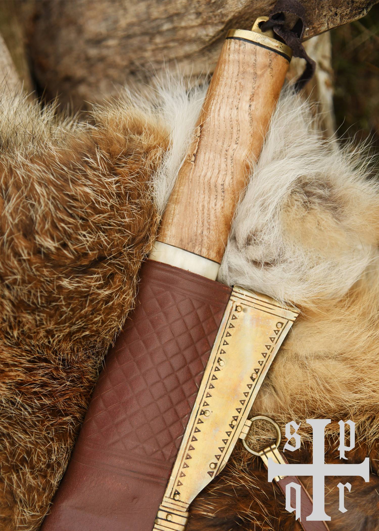 Wikinger ​Skramasax / Sax mit Damastklinge und Holz-/Knochengriff