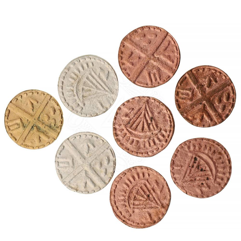 Vikingmunten, 8 stuks, met leren Buidel