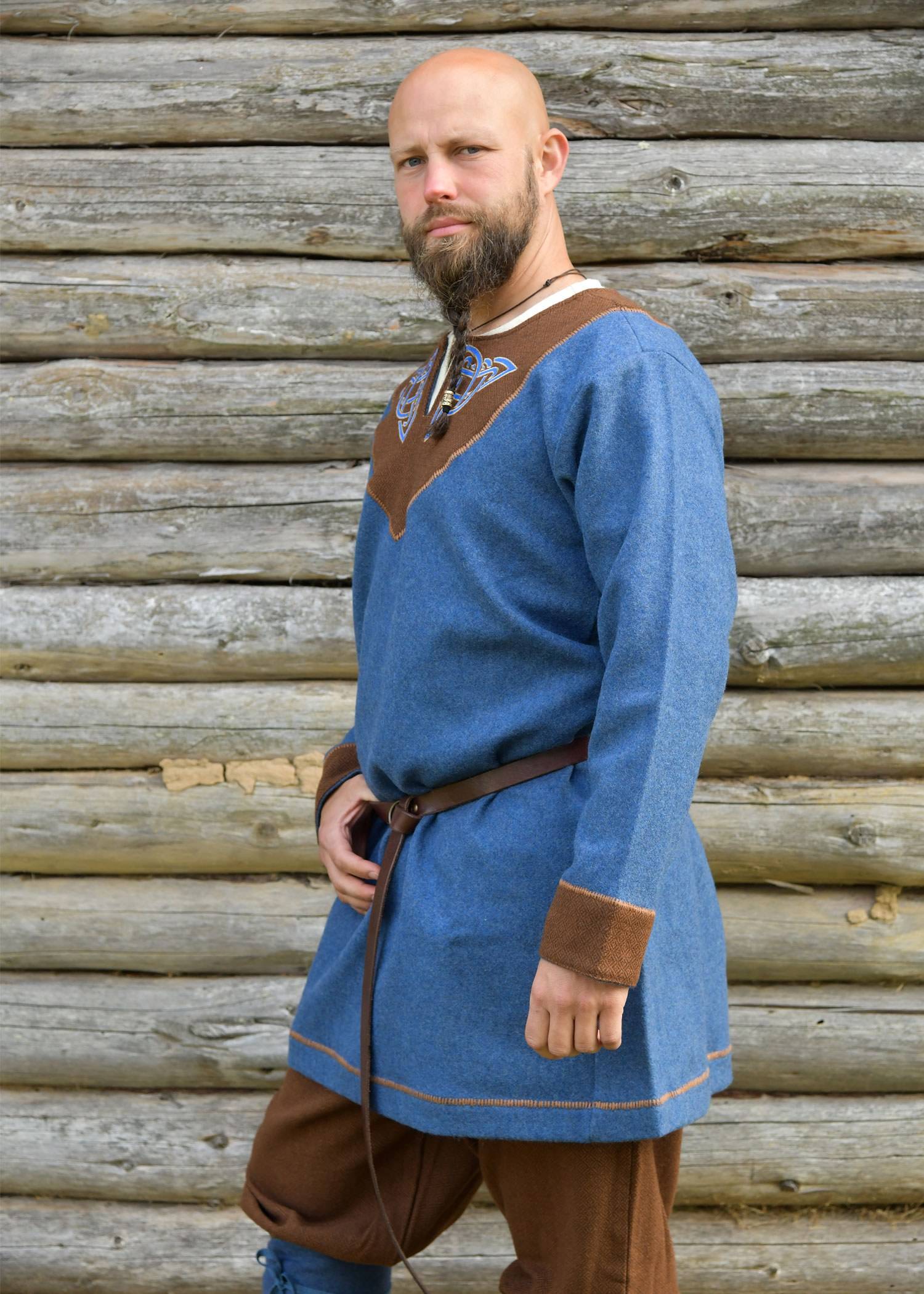 Vikingtuniek Ragnar met Keltisch borduurwerk – Gevilte wolmix, blauw gemêleerd