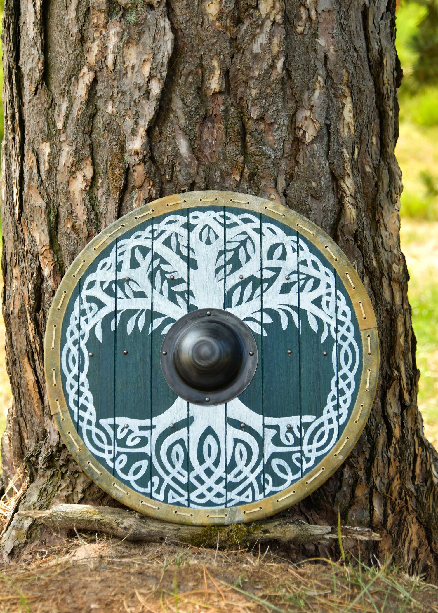 "Yggdrasil" Viking-rondschild met rand van ongelooide huid (rawhide), diameter 60 cm