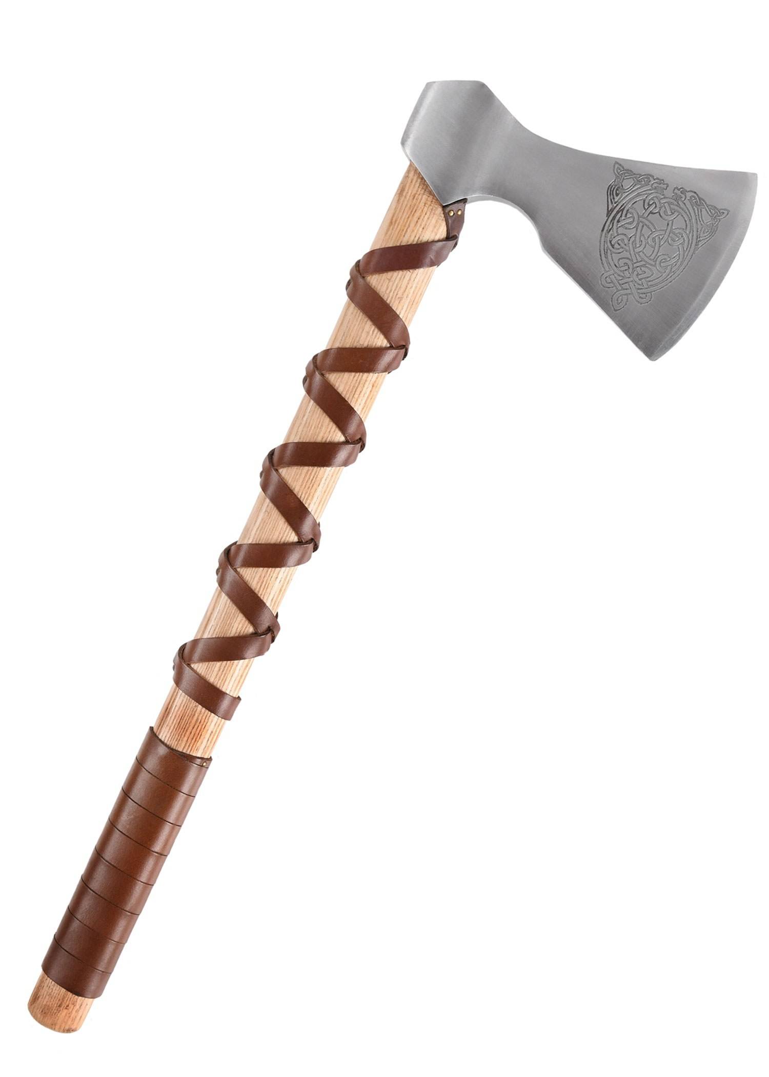 Vikingbijl van gegoten staal, type F, met gravure en lederen grip