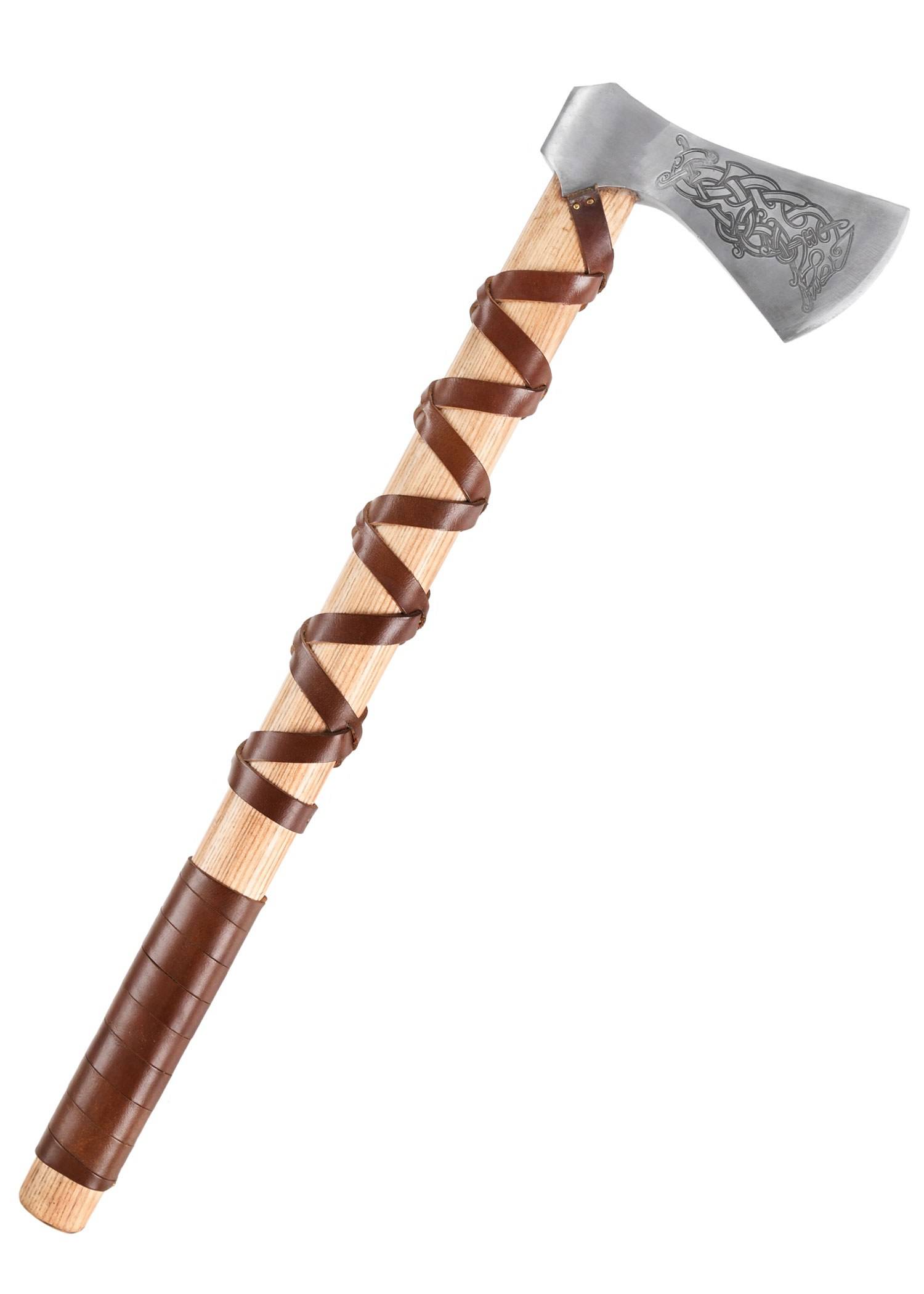 Vikingbijl van gegoten staal, type L, met gravure en lederen grip