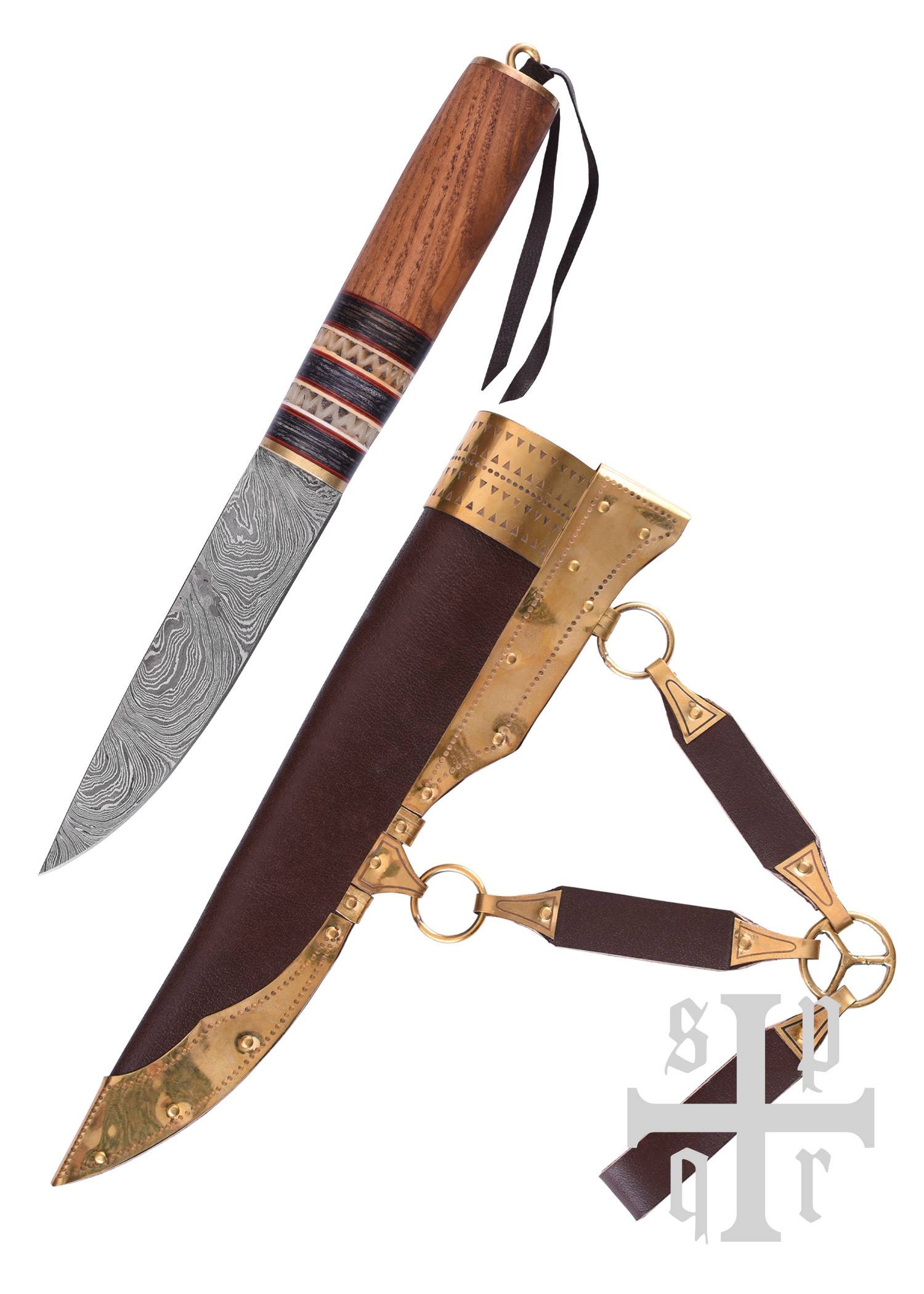 Viking Mes met damasten lemmet en houten handvat met benen bies