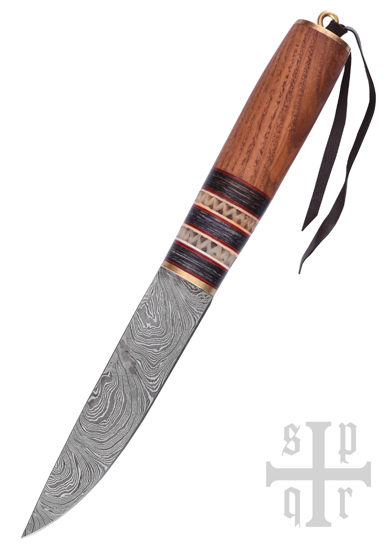Viking Mes met damasten lemmet en houten handvat met benen bies